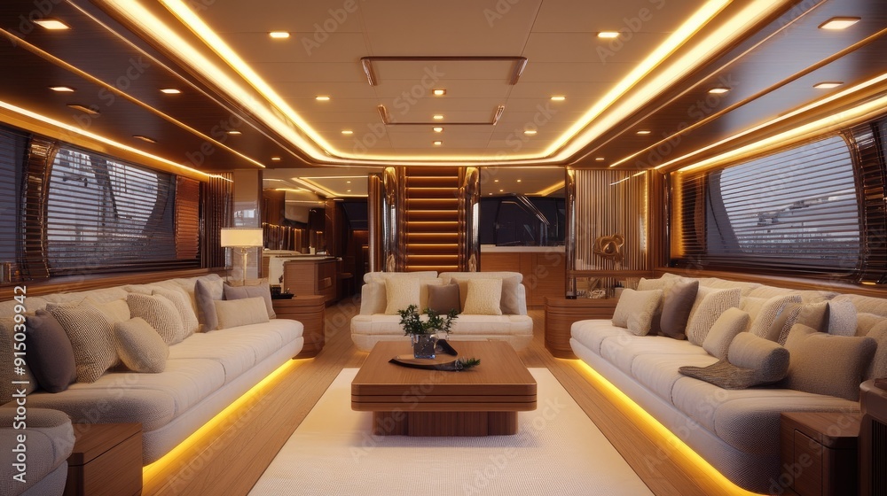 Opulent interior of a luxurious cabin cruiser featuring plush seating and elegant decor, bathed in soft ambient light Opulent interior of a luxurious cabin cruiser featuring plush seating and elegant decor, bathed in soft ambient light