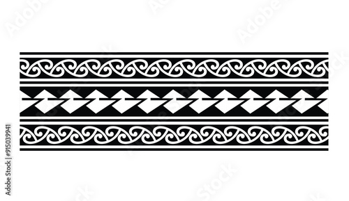 Polynesian tattoo design tribal border.Tribal design ethnic ornament maori band.Samoan Tattoo ribbon sleeve bracelet.Fabric seamless isolated hawaiian armband pattern on white background.