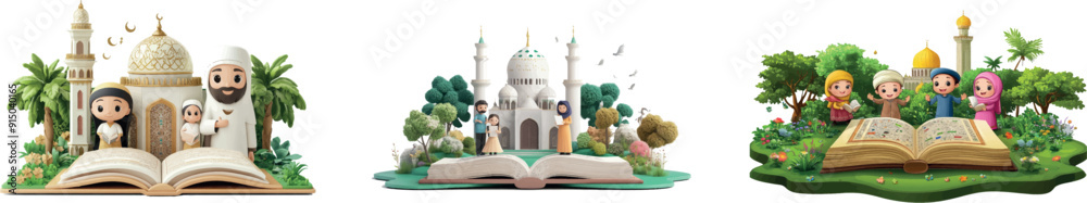An open book is seen in front of a mosque by a happy Muslim family An open book is seen in front of a mosque by a happy Muslim family