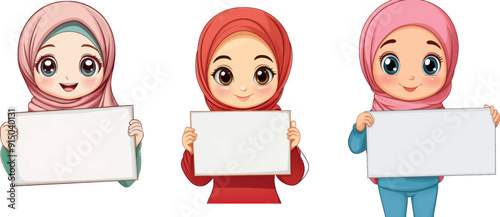 A happy Muslim girl wears a blue veil and holds a blank sign.