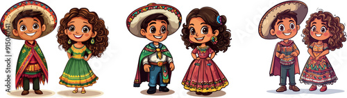 In traditional Mexican costume, a couple of cartoon Mexicans