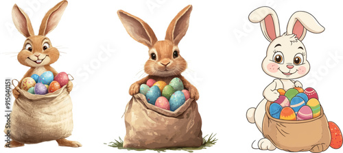 An easter bunny rabbit holds a sack filled with easter eggs