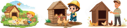 A black and white illustration of farmers and chicken coops