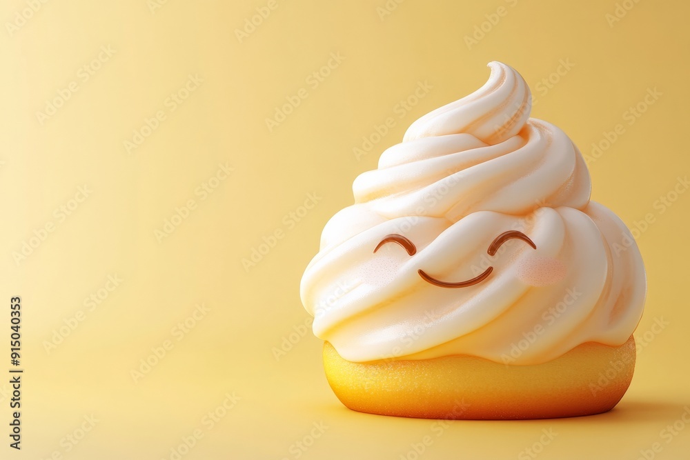 Smiling donut with whipped cream on top with face, 3d cartoon character on yellow background. Copy space. Concept: animated food, cute character, sweet food Smiling donut with whipped cream on top with face, 3d cartoon character on yellow background. Copy space. Concept: animated food, cute character, sweet food