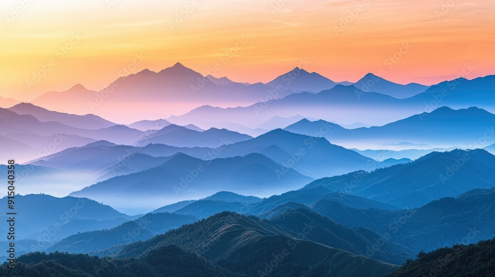 Obraz premium Stunning mountain landscape at sunrise, showcasing layers of peaks bathed in soft, colorful light and peaceful atmosphere.