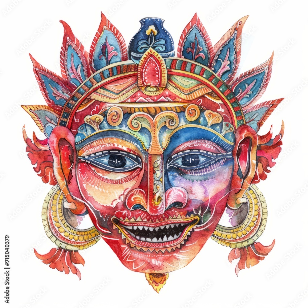 Fototapeta premium Watercolor painting of a Sri Lankan traditional mask with intricate designs, on isolated white background