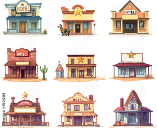 A picture set of vintage wooden buildings for creating a wild west town or village landscape. The set includes a hotel and a church, a sheriff's office, and a bank.