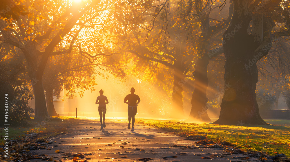 Fototapeta premium Morning joggers in a park with the sun rising, Monday morning