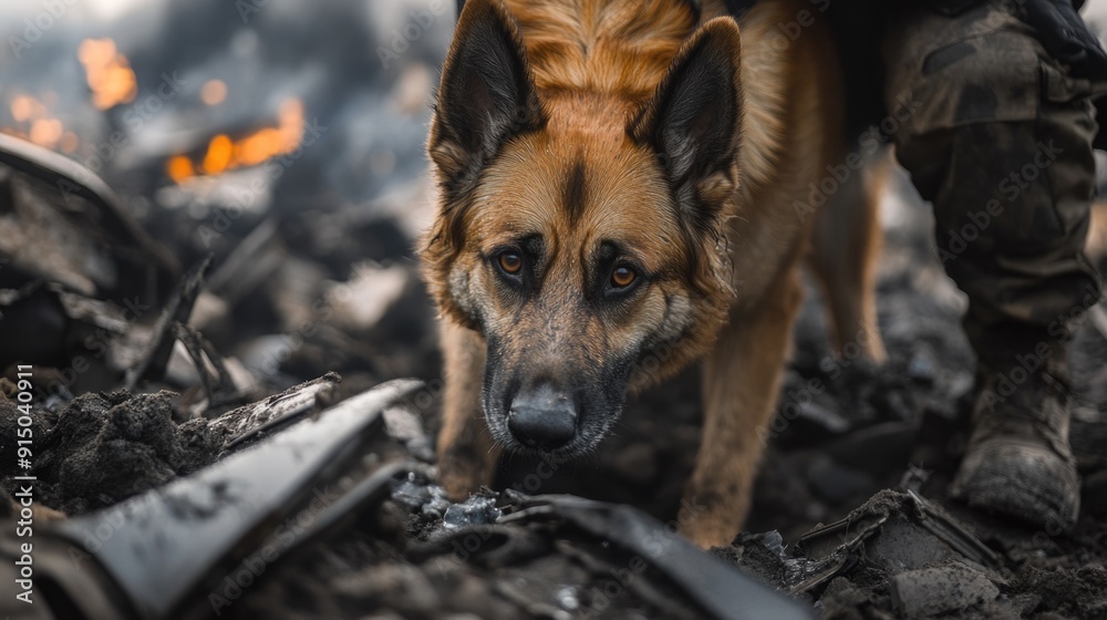 Intense Police Dog Search Amid Wreckage - Detailed View of Determined K9 in Action Intense Police Dog Search Amid Wreckage - Detailed View of Determined K9 in Action