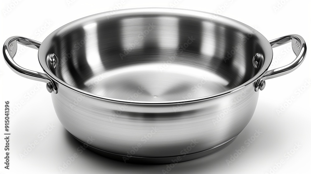A gleaming stainless steel pot with sturdy handles, reflecting the light in a pristine kitchen setting, ready for cooking. A gleaming stainless steel pot with sturdy handles, reflecting the light in a pristine kitchen setting, ready for cooking.