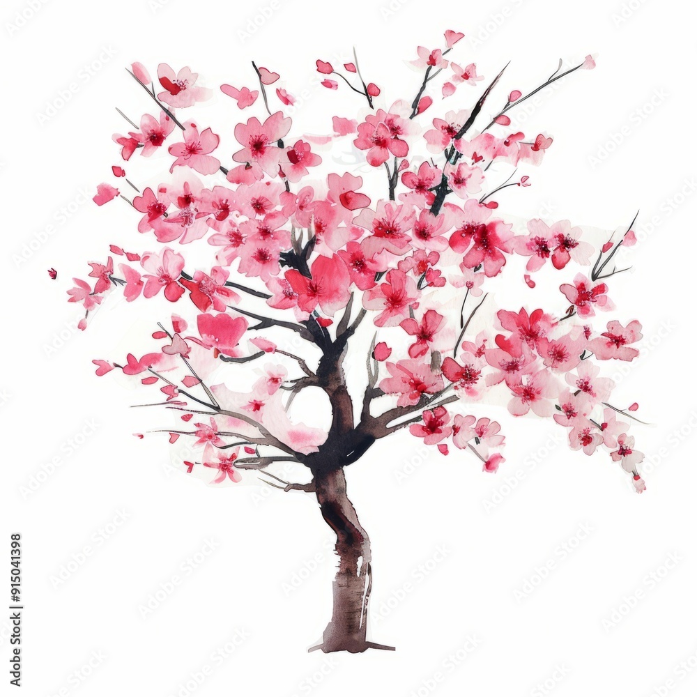 Fototapeta premium Watercolor painting of a traditional Japanese cherry blossom tree, on isolated white background