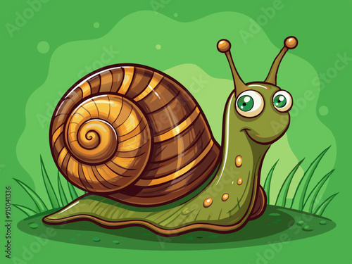 cartoon vector illustration of funny brown snail on isolated green filed background