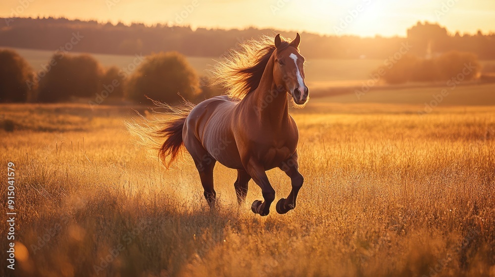 Horse Running Through Golden Field at Sunset Horse Running Through Golden Field at Sunset