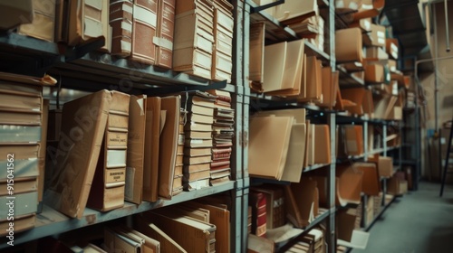 Rows of aged books and documents are meticulously organized on shelves in a dimly lit, archival storage room. photo