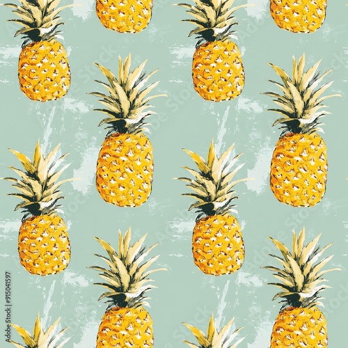 Seamless pineapple pattern in vintage style on a light green background, texture, for wallpaper and fabric design