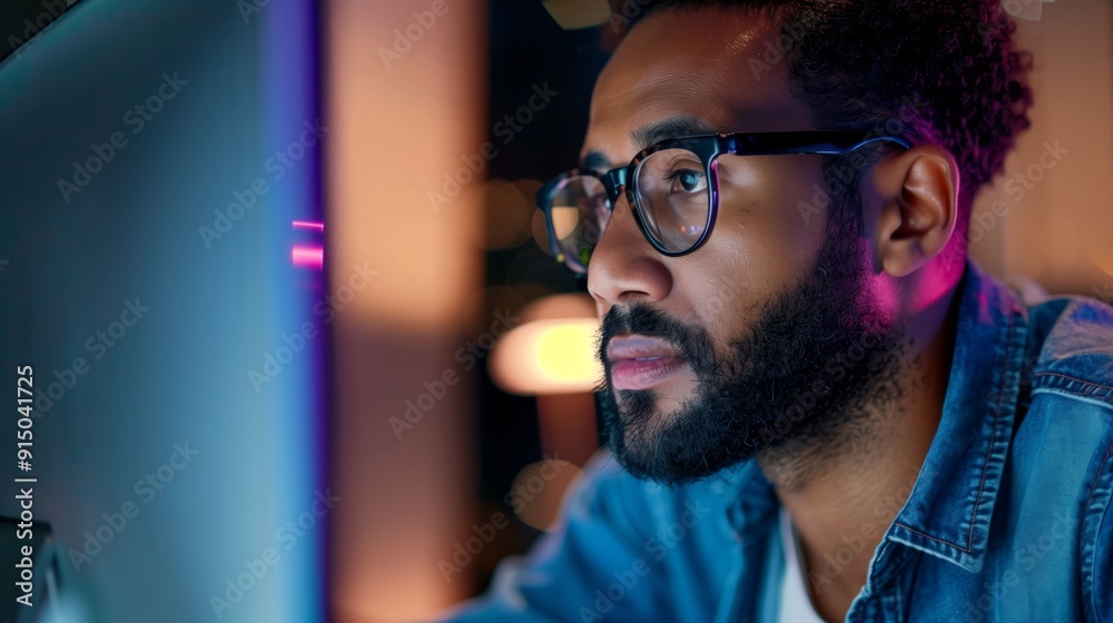 Close up of young mixed race man working late on computer in dark office, focused expression with glasses Close up of young mixed race man working late on computer in dark office, focused expression with glasses