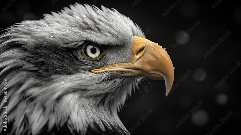 Fototapeta premium The fierce and majestic eagle gazes intently with water droplets on its feathers.