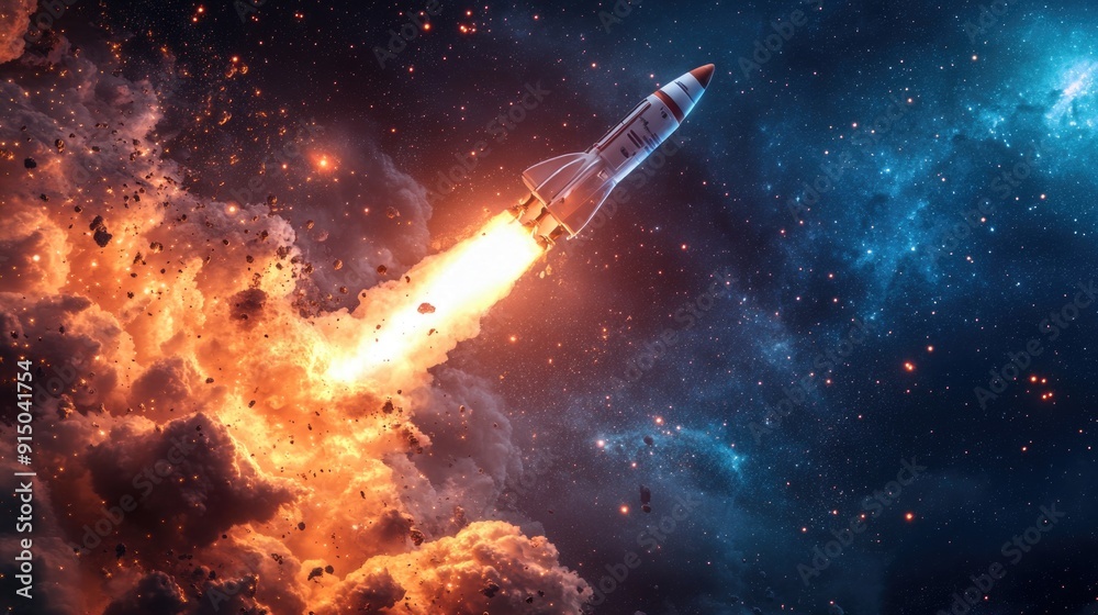Thrilling Space Launch: Rocket Soaring into Starry Cosmos with Dynamic Energy Thrilling Space Launch: Rocket Soaring into Starry Cosmos with Dynamic Energy