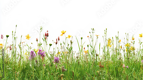 Fototapeta Naklejka Na Ścianę i Meble -  Closeup panorama banner of a meadow with green grass and wild flowers isolated on a white background