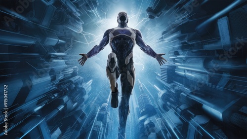 Dynamic 3D Illustration of a Futuristic Cyborg Ascending Rapidly Like a Comic Book Superhero