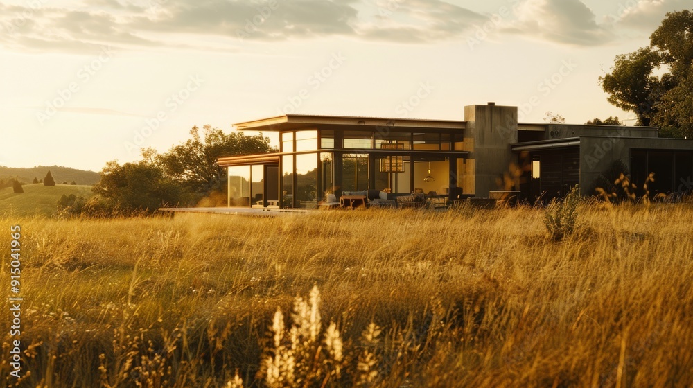 A modern house with extensive glass windows sits serenely in a sunlit golden field, merging architectural beauty with nature. A modern house with extensive glass windows sits serenely in a sunlit golden field, merging architectural beauty with nature.