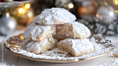 Christmas Italian Sweets: Ricciarelli Cookies on a Festive Plate, Classic Holiday Treats with Authentic Flavor, Generative AI photo