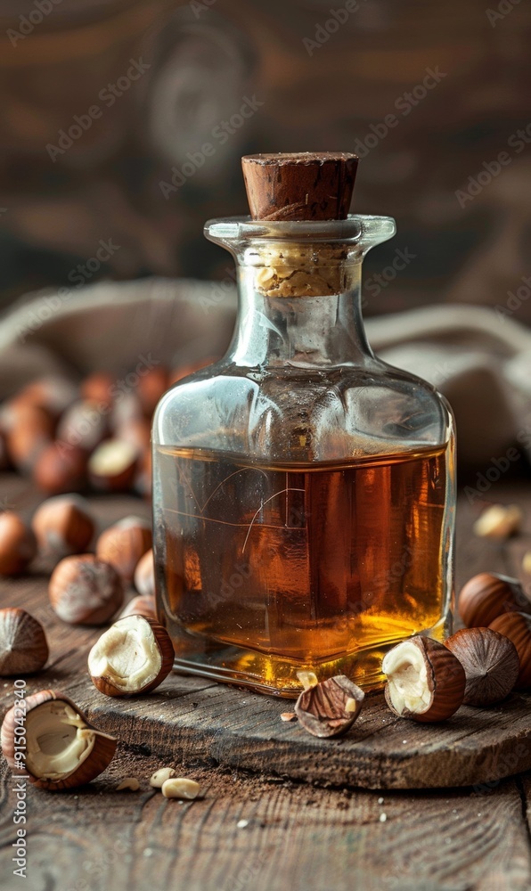 Explore hazelnut oil in a glass bottle, surrounded by whole hazelnuts