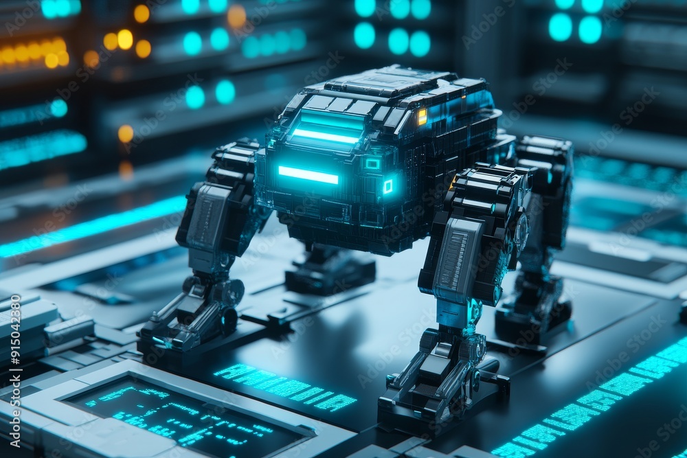 Futuristic robot with blue LED lights in a high tech industrial environment symbolizing the advancement of robotics and automation in modern industry and the future of technology and engineering. Futuristic robot with blue LED lights in a high tech industrial environment symbolizing the advancement of robotics and automation in modern industry and the future of technology and engineering.