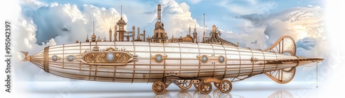 Vintage airship docked at a floating city, steampunk, sepia tones, digital painting photo