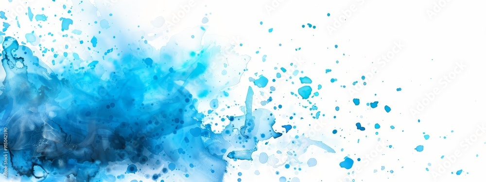 A white background is covered with blue paint, displaying one large blue spot and a smaller one in the center A white background is covered with blue paint, displaying one large blue spot and a smaller one in the center