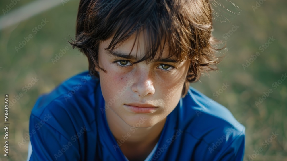 A thoughtful young boy stares directly at the camera, his expression serious and contemplative, dressed in a blue shirt with a grassy field in the background. A thoughtful young boy stares directly at the camera, his expression serious and contemplative, dressed in a blue shirt with a grassy field in the background.