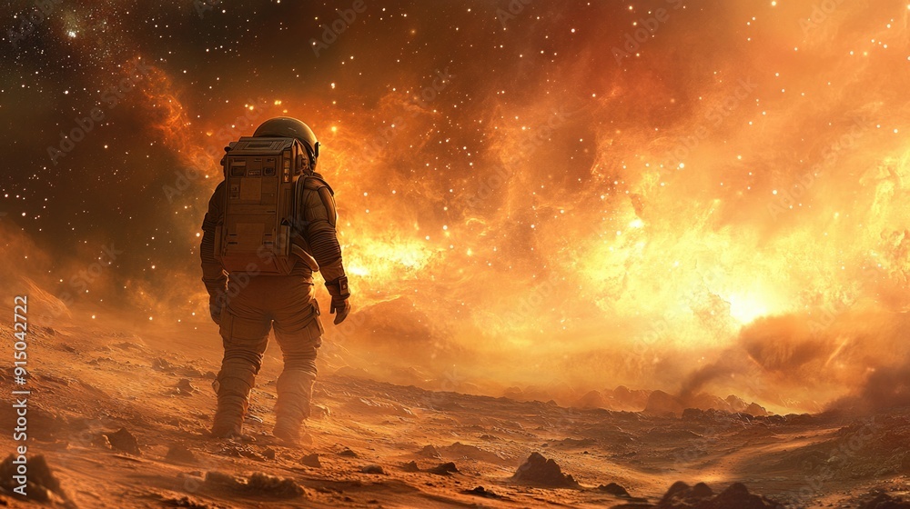 Lone Astronaut Exploring Alien World: Panoramic Terrain and Distant Stars Lone Astronaut Exploring Alien World: Panoramic Terrain and Distant Stars