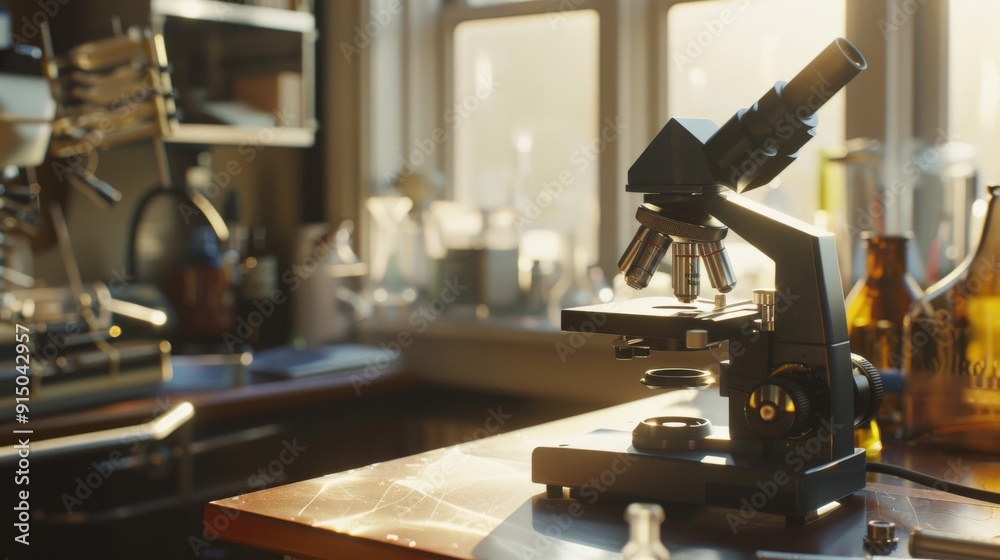 Fototapeta premium A black microscope sits on a sunlit laboratory bench, surrounded by various glass bottles and laboratory equipment, capturing a serene and focused scientific setting.