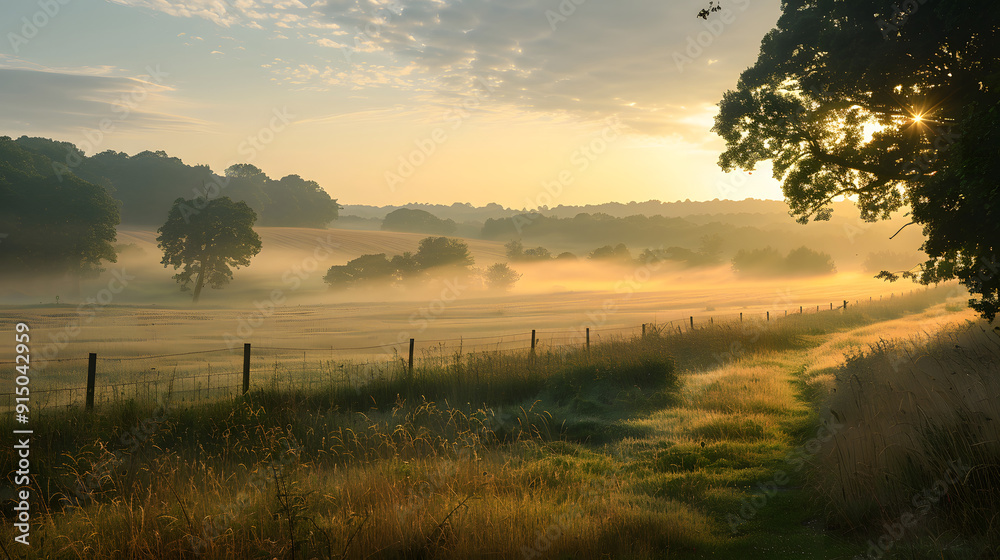 Fototapeta premium Scenic countryside with mist and sunrise
