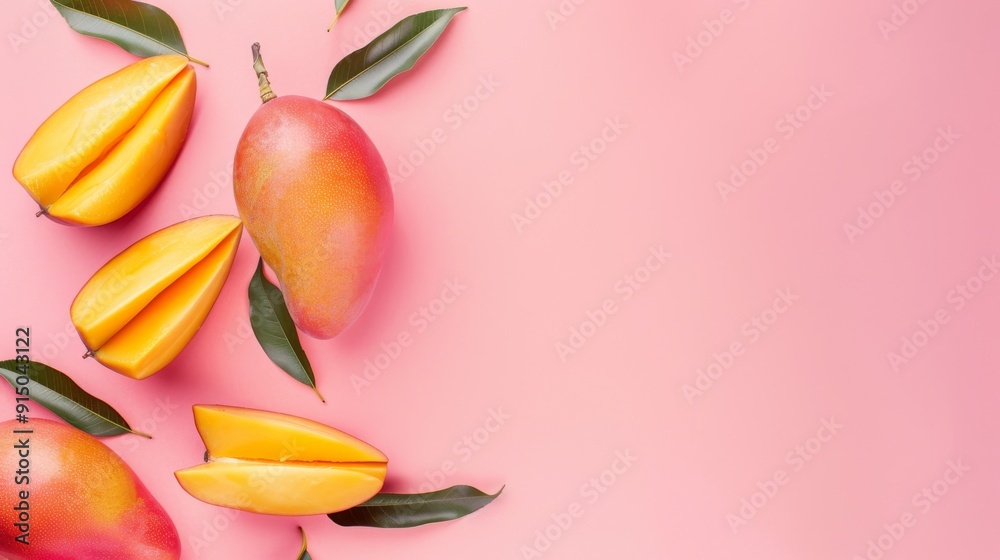 Fresh, vibrant mango slices and whole mangoes with green leaves are artistically arranged on a pastel pink background, creating a tropical, summery feel. Fresh, vibrant mango slices and whole mangoes with green leaves are artistically arranged on a pastel pink background, creating a tropical, summery feel.