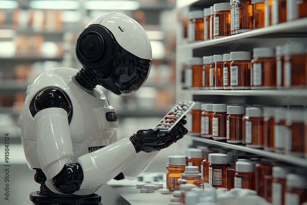 Humanoid robot arranging colorful capsules on shelves in a modern pharmacy representing the integration of robotics in healthcare and the future of pharmaceutical management and automation. Humanoid robot arranging colorful capsules on shelves in a modern pharmacy representing the integration of robotics in healthcare and the future of pharmaceutical management and automation.