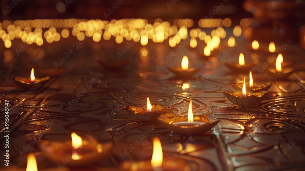 An enchanting scene of numerous small, glowing oil lamps illuminating a dark space, creating a warm and serene ambiance with reflections on an intricately patterned surface. An enchanting scene of numerous small, glowing oil lamps illuminating a dark space, creating a warm and serene ambiance with reflections on an intricately patterned surface.