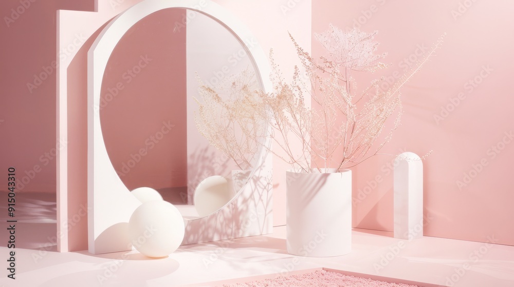 Fototapeta premium Minimalistic pink-themed setup with a round mirror, white vase holding delicate branches, and soft natural light creating a clean aesthetic.