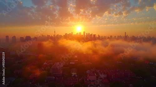Sunrise over a bustling cityscape