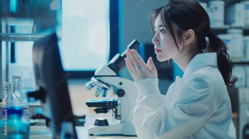 A focused scientist in a lab coat sits in front of a microscope, peering intently at her computer screen, illuminated by soft blue light. A focused scientist in a lab coat sits in front of a microscope, peering intently at her computer screen, illuminated by soft blue light.