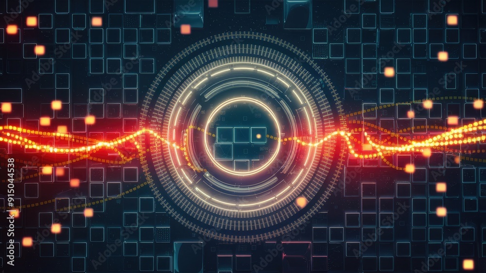 Fototapeta premium Dynamic background of digital squares and circles in motion Hightech flickering dots traverse the screen representing technology and cloud computing in an AIinspired grid design Art