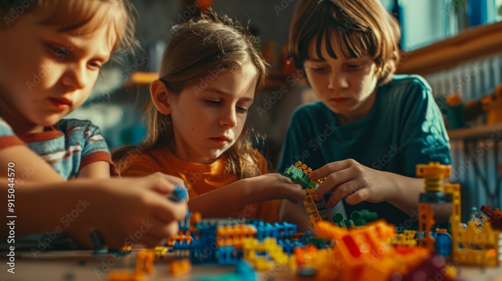 Three children engaging in creative play with colorful building blocks, focused and deeply immersed in a vibrant playroom.