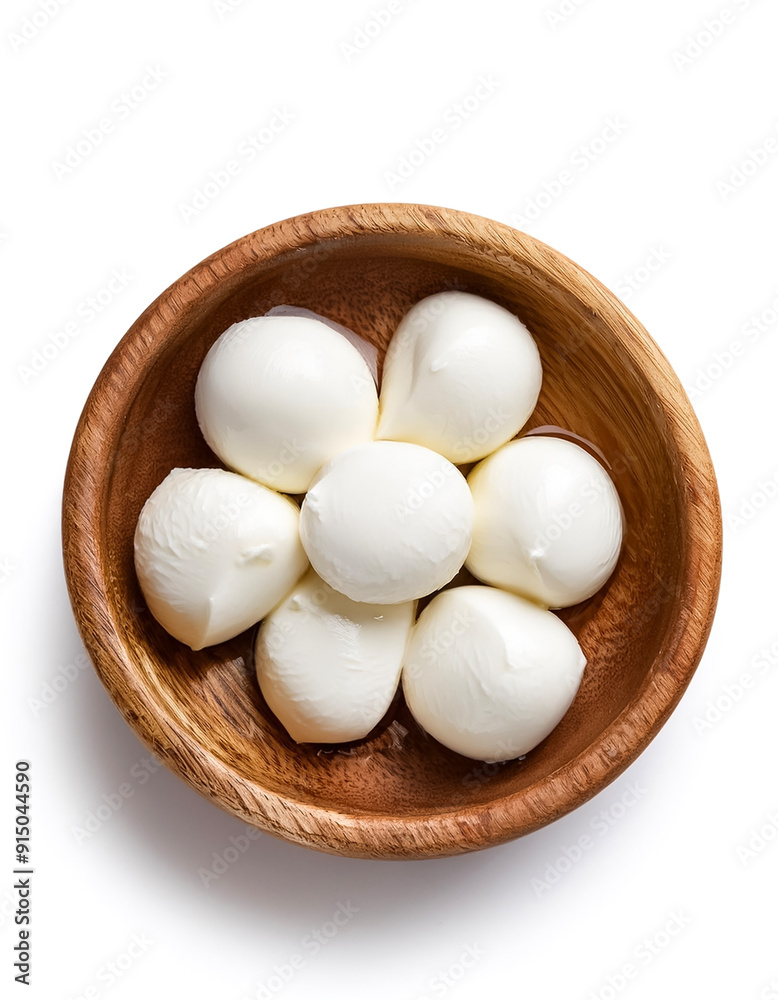 Mozzarella cheese in wooden bowl isolated on white background