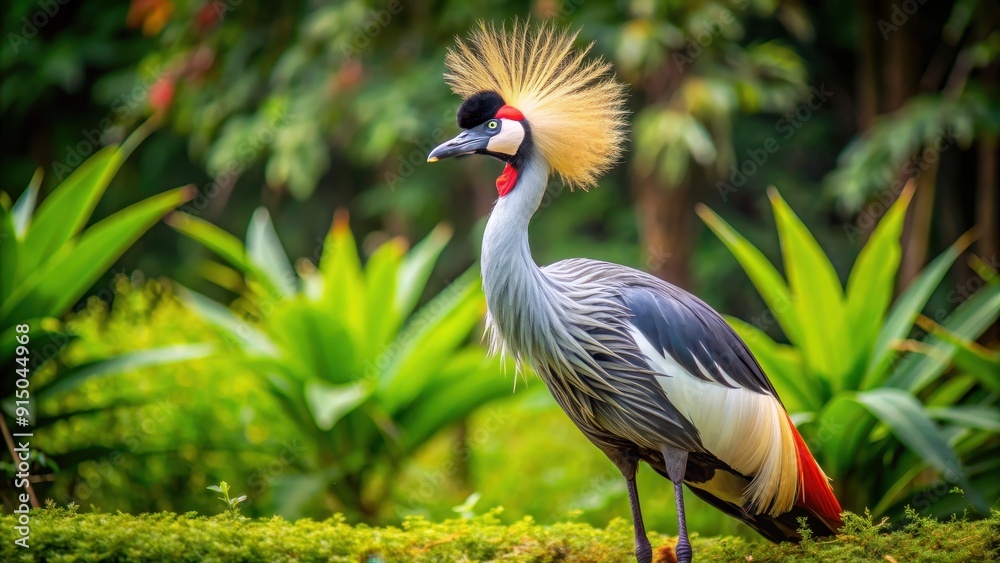 Naklejka premium Grey crowned crane looking majestic in its natural habitat, wildlife, bird, Africa, safari, animal, nature, grassland