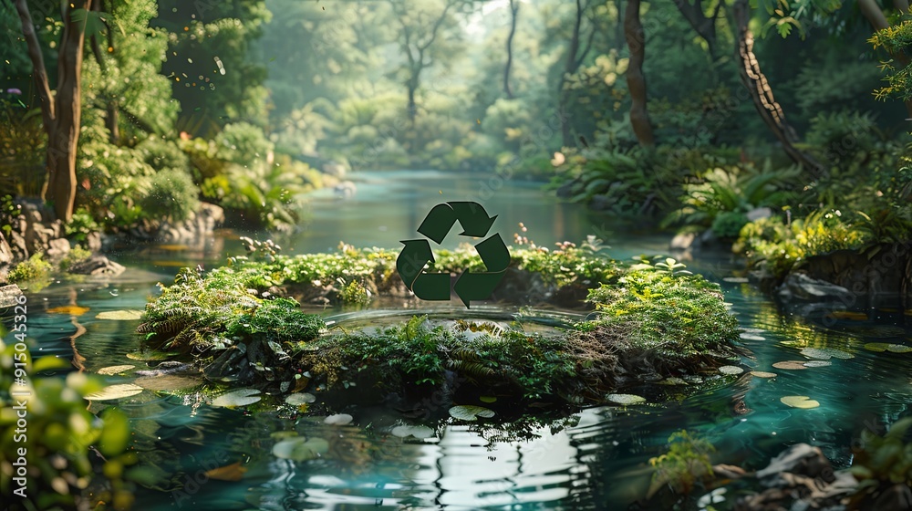 Naklejka premium An abstract icon depicting an ecological message to recycle and reuse, designed as a pond with a recycling symbol at its center, set against the backdrop of a pristine, untouched jungle