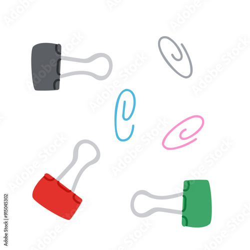 Colored stationary pin set. Traditional kids craft art supplies, creative hobby accessories, top view. Flat vector illustration isolated on white background
