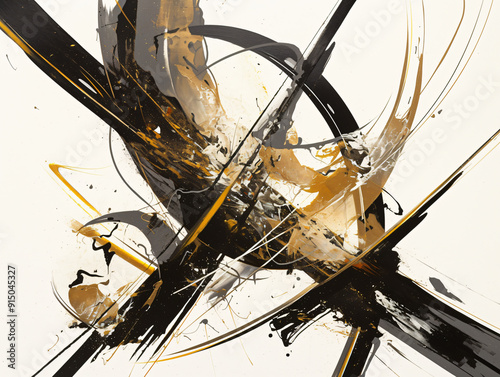 An abstract artwork featuring dynamic brush strokes in black and gold, creating a striking visual composition that captures movement and energy. photo