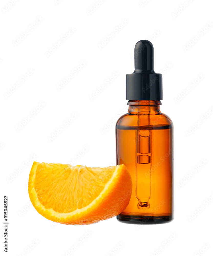 Vitamin C cosmetic bottle in with orange on white background Vitamin C cosmetic bottle in with orange on white background