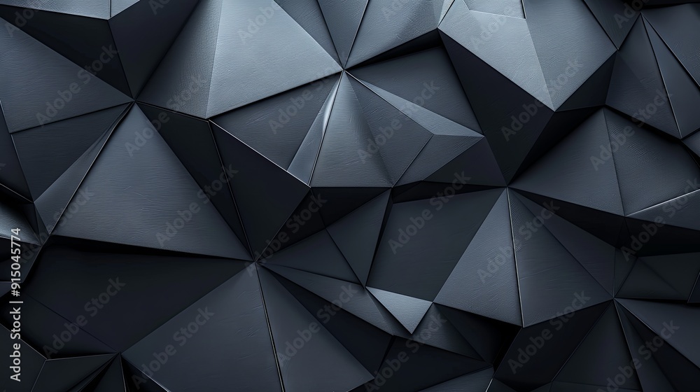 A black and dark navy blue background with a silver abstract pattern featuring geometric shapes. The design includes line triangles, angled folds, polygons, and diamond-like 3D elements