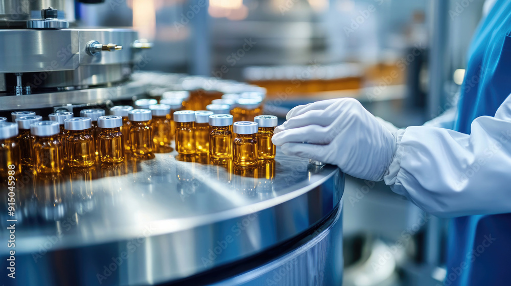 Medical Vial Inspection by Staff on Production Line at Pharmaceutical Factory Medical Vial Inspection by Staff on Production Line at Pharmaceutical Factory